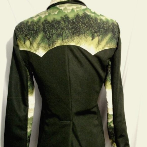 Western Snap up Shirt Jacket XS Olive green Trees moss woods design Overcoat - Picture 6 of 8